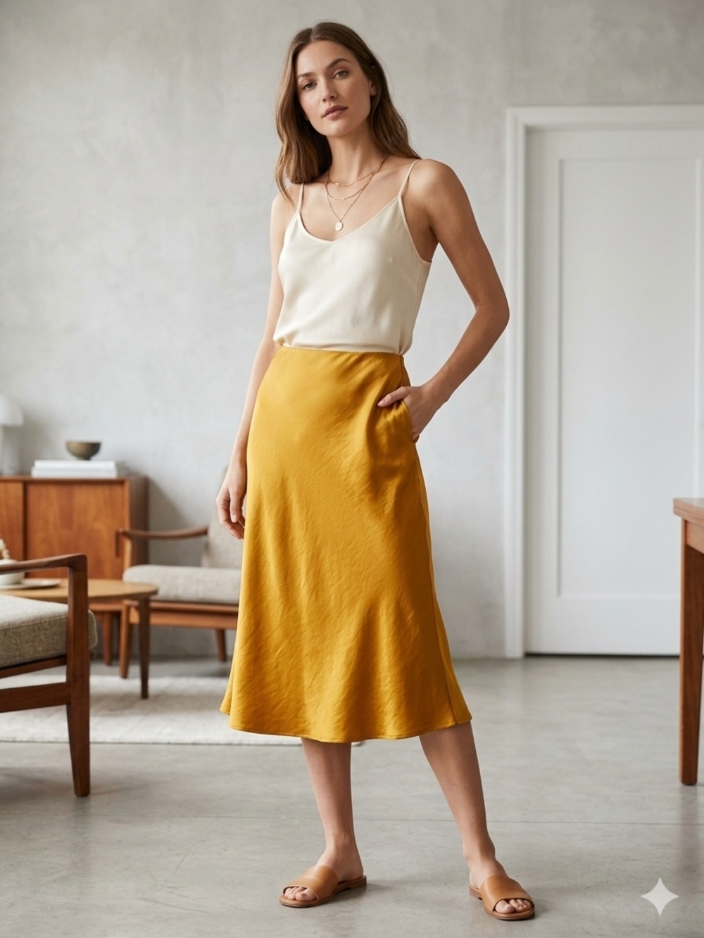 A-Line Midi Skirt in Mustard Yellow